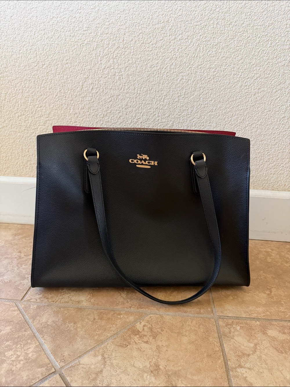 Coach Black Leather Tote with Red Interior